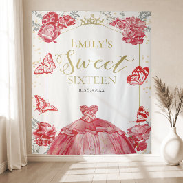 Sweet sixteen背景バタフライレッドドレスフローラ タペストリー