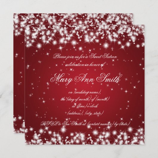 Sweet sixteen誕生パーティー冬のスパークルレッド 招待状 (正面/裏面)