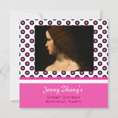 Sweet sixteen誕生日の招待，ピンクの水玉模様 招待状 (裏面)