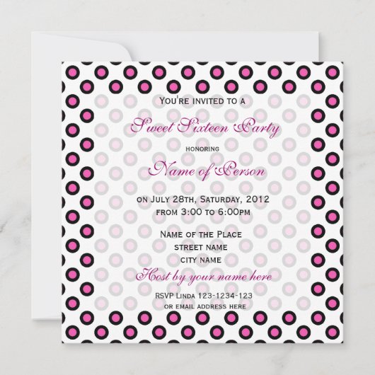Sweet sixteen誕生日の招待，ピンクの水玉模様 招待状 (正面)
