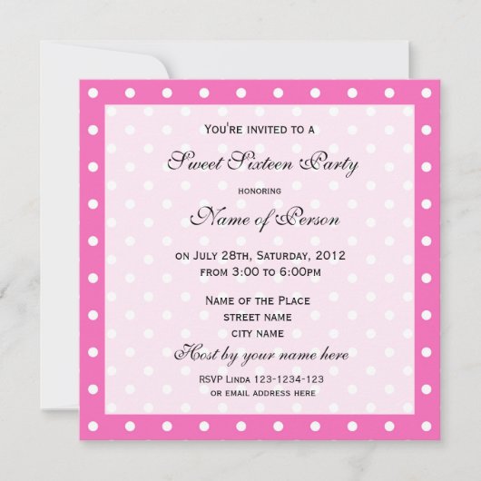 Sweet sixteen誕生日の招待，ピンクの水玉模様 招待状 (正面)