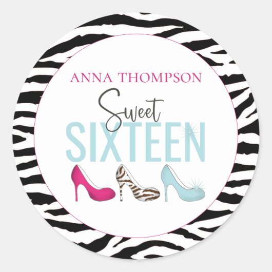 Sweet sixteen誕生日ガーリーピンクお洒落シック ラウンドシール (正面)