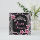 Sweet sixteen誕生日スウィート16ピンクティアラブラック 招待状 (スタンド正面)