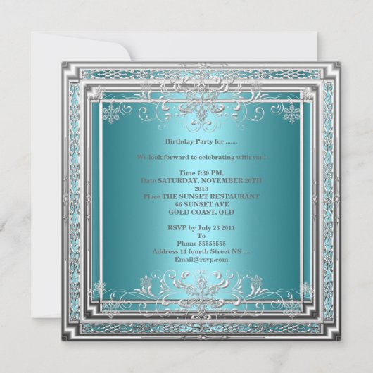 Sweet sixteen誕生日ティール(緑がかった色)ブルーシルバーガール10代の 招待状 (裏面)