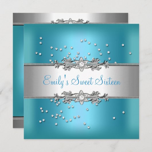 Sweet sixteen誕生日ティール（緑がかった色）ブルーシルバーダイヤモンド 招待状 (正面/裏面)