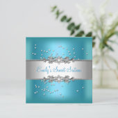 Sweet sixteen誕生日ティール（緑がかった色）ブルーシルバーダイヤモンド 招待状 (スタンド正面)