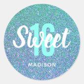 Sweet sixteen誕生日ティール(緑がかった色)ブルーモダンガールズ名 ラウンドシール (正面)