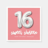 Sweet sixteen誕生日バルーンピンクパーティー スタンダードカクテルナプキン (正面)