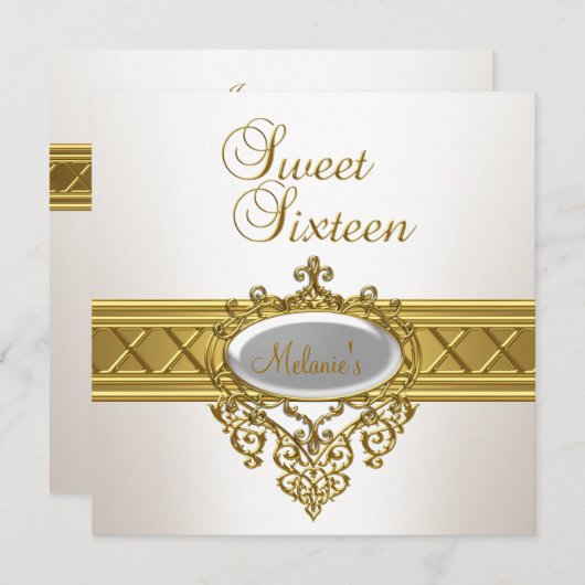 Sweet sixteen誕生日パーティエレガントホワイト金ゴールド 招待状 (正面/裏面)