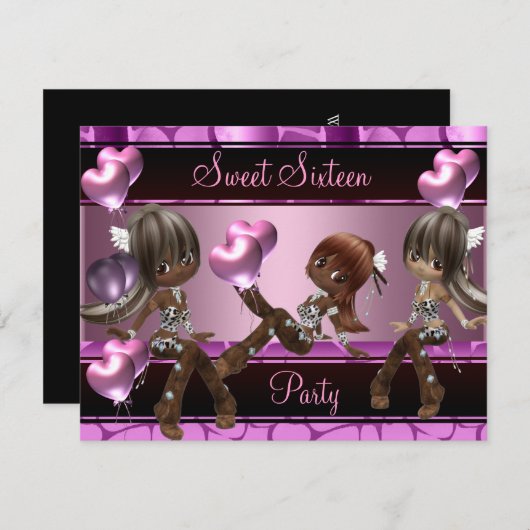 Sweet sixteen誕生日パーティーバルーンピンクガールズ3 招待状 (正面/裏面)