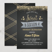 Sweet sixteen誕生日パーティー金ゴールドグリッター 招待状 (正面/裏面)
