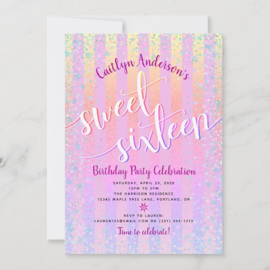 Sweet sixteen誕生日ピンクパープルグラデーションストライプズ 招待状 (正面)