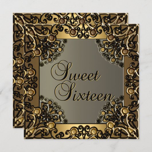 Sweet sixteen誕生日ブラック金ゴールド金ゴールド10代のガール 招待状 (正面/裏面)