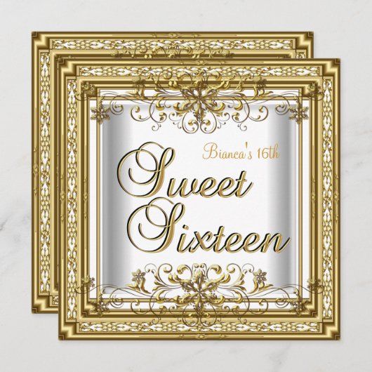 Sweet sixteen誕生日ホワイト金ゴールド10代のガール 招待状 (正面/裏面)