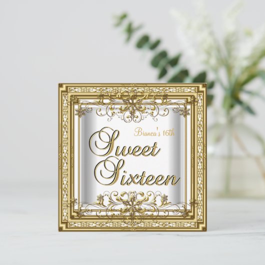 Sweet sixteen誕生日ホワイト金ゴールド10代のガール 招待状 (スタンド正面)