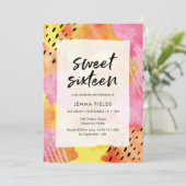 Sweet sixteen誕生日招待状 |ピンク抽象芸術 招待状 (スタンド正面)