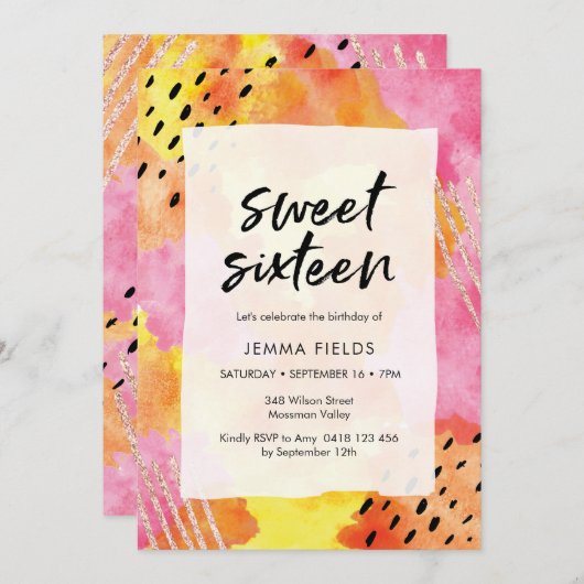 Sweet sixteen誕生日招待状 |ピンク抽象芸術 招待状 (正面/裏面)