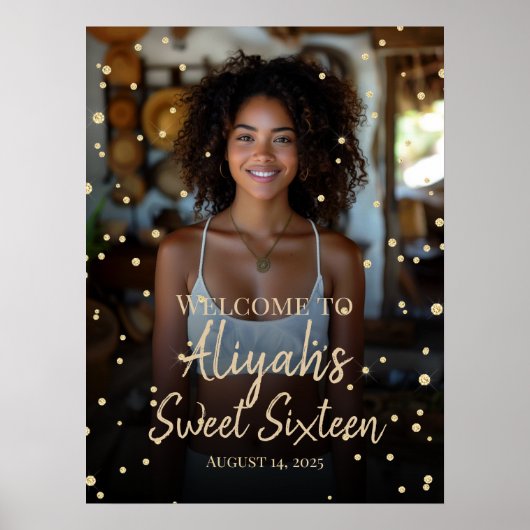 Sweet sixteen誕生日金ゴールドグリッターウェルカムサイン ポスター (正面)