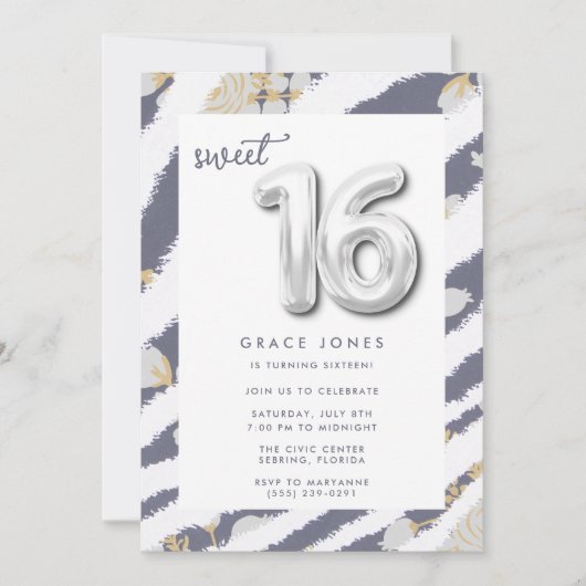 Sweet sixteen誕生日10代のバルーンガールパーティー 招待状 (正面)