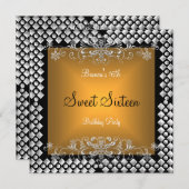 Sweet sixteen誕生日16 16th金ゴールドシルバーブラック 招待状 (正面/裏面)