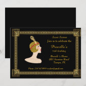 Sweet sixteen誕生日、ギャツビースタイル、ブラック&金ゴールド 招待状 (正面/裏面)