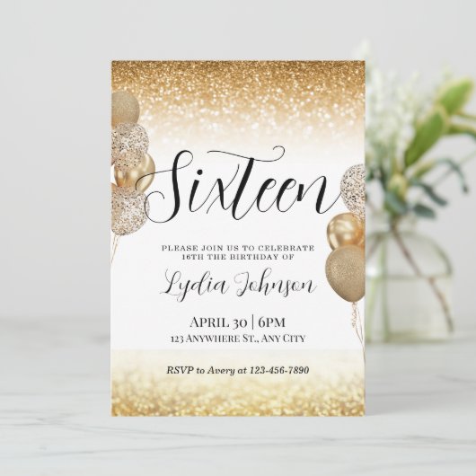 Sweet sixteen誕生日、Sweet 16、金ゴールド招待状 招待状 (スタンド正面)