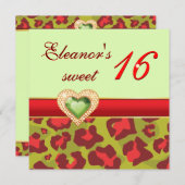 Sweet sixteen赤オリーブ緑ヒョウ玉ハート 招待状 (正面/裏面)