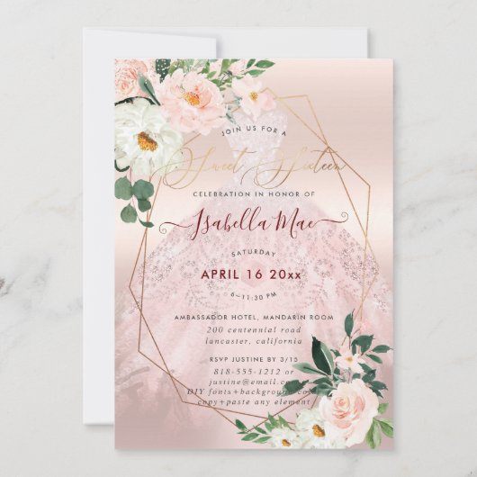 Sweet sixteen赤面クリームバラ水彩花 招待状 (裏面)