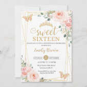 Sweet sixteen赤面ピンクローズフローラ蝶 招待状 (正面)