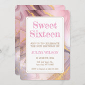 Sweet sixteen金ゴールドグリッターピンク誕生日パーティー 招待状 (正面/裏面)