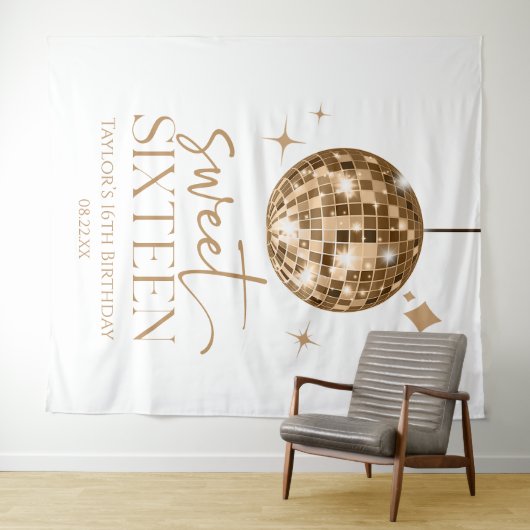 Sweet sixteen金ゴールドディスコボール16thバースデーパーティー タペストリー (インサイチュ(横))