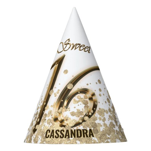 Sweet sixteen金ゴールドフェイクフォイルグリッター パーティーハット (正面)