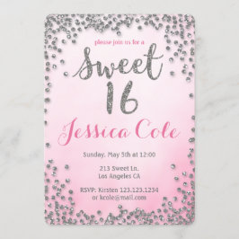 Sweet sixteen銀グリッター誕生日招待状 招待状