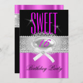 Sweet sixteen16かわいらしホットピンクブラックシルバー 招待状 (正面/裏面)