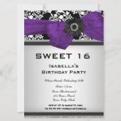 Sweet sixteen16ダマスク白黒紫色の花 招待状 (裏面)