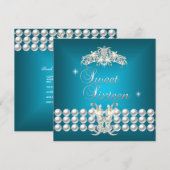 Sweet sixteen16ティアラティール（緑がかった色）ブルーホワイトパール 招待状 (正面/裏面)
