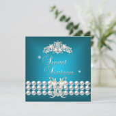 Sweet sixteen16ティアラティール（緑がかった色）ブルーホワイトパール 招待状 (スタンド正面)