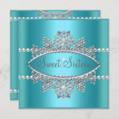 Sweet sixteen16ティール（緑がかった色）ブルーティアラパールシルバー 招待状 (正面/裏面)