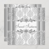 Sweet sixteen16バースデーパーティーシルバーホワイトパール 招待状 (正面/裏面)