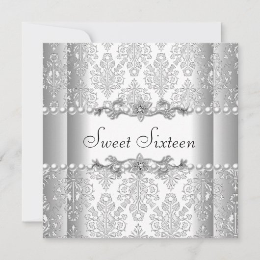 Sweet sixteen16バースデーパーティーシルバーホワイトパール 招待状 (正面)