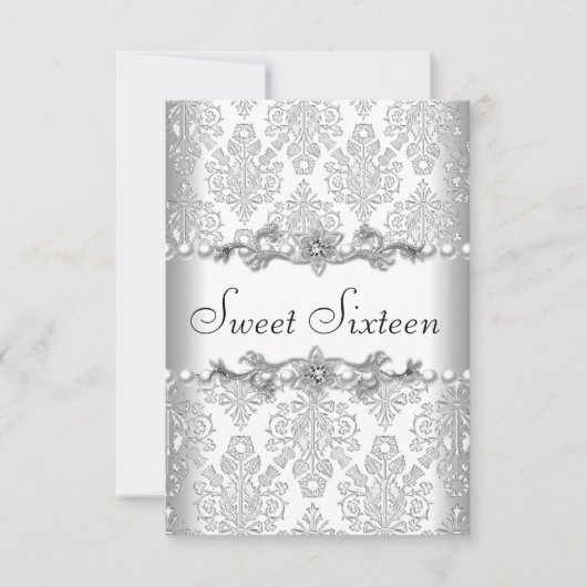 Sweet sixteen16バースデーパーティーシルバーホワイトパール 招待状 (正面)
