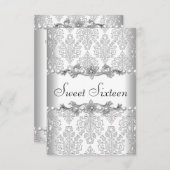 Sweet sixteen16バースデーパーティーシルバーホワイトパール 招待状 (正面/裏面)