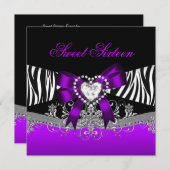 Sweet sixteen16バースデーパーティーゼブラパープルブラック 招待状 (正面/裏面)