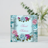 Sweet sixteen16バースデーパーティーティール（緑がかった色）ピンクローズ2 招待状 (スタンド正面)