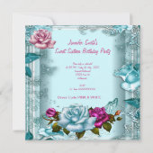 Sweet sixteen16バースデーパーティーティール（緑がかった色）ピンクローズ2 招待状 (裏面)