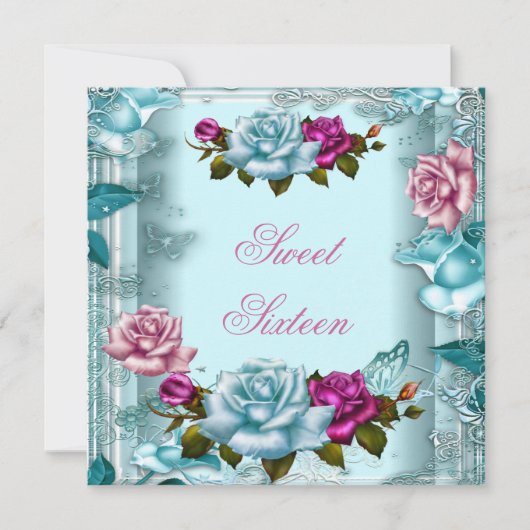 Sweet sixteen16バースデーパーティーティール(緑がかった色)ピンクローズ2 招待状 (正面)