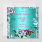 Sweet sixteen16バースデーパーティーティール（緑がかった色）ピンクローズ3 招待状 (裏面)
