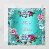 Sweet sixteen16バースデーパーティーティール（緑がかった色）ピンクローズ3 招待状 (正面)