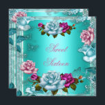 Sweet sixteen16バースデーパーティーティール（緑がかった色）ピンクローズ3 招待状<br><div class="desc">Sweet sixteen16誕生日パーティーティール（緑がかった色）ブルーピンクローズ花の招待状、女10代のの子com</div>