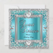 Sweet sixteen16バースデーパーティーティール（緑がかった色）ブルーシルバー 招待状 (正面)